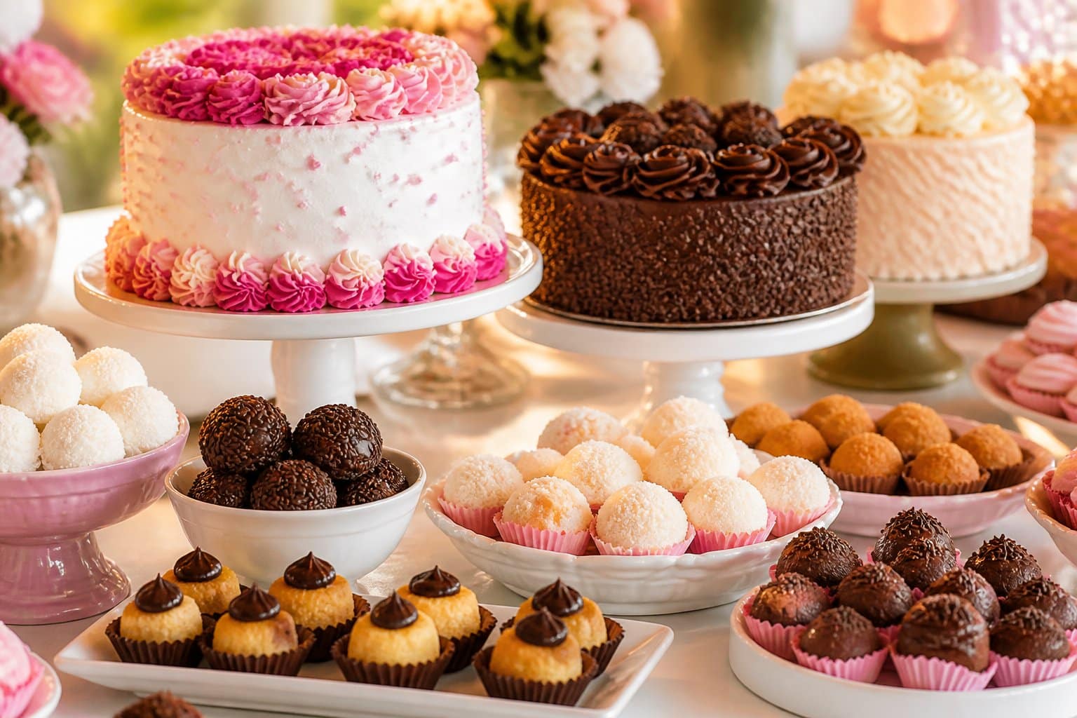 Mesa com bolos, brigadeiros, beijinhos e outros doces de festa decorados e coloridos.