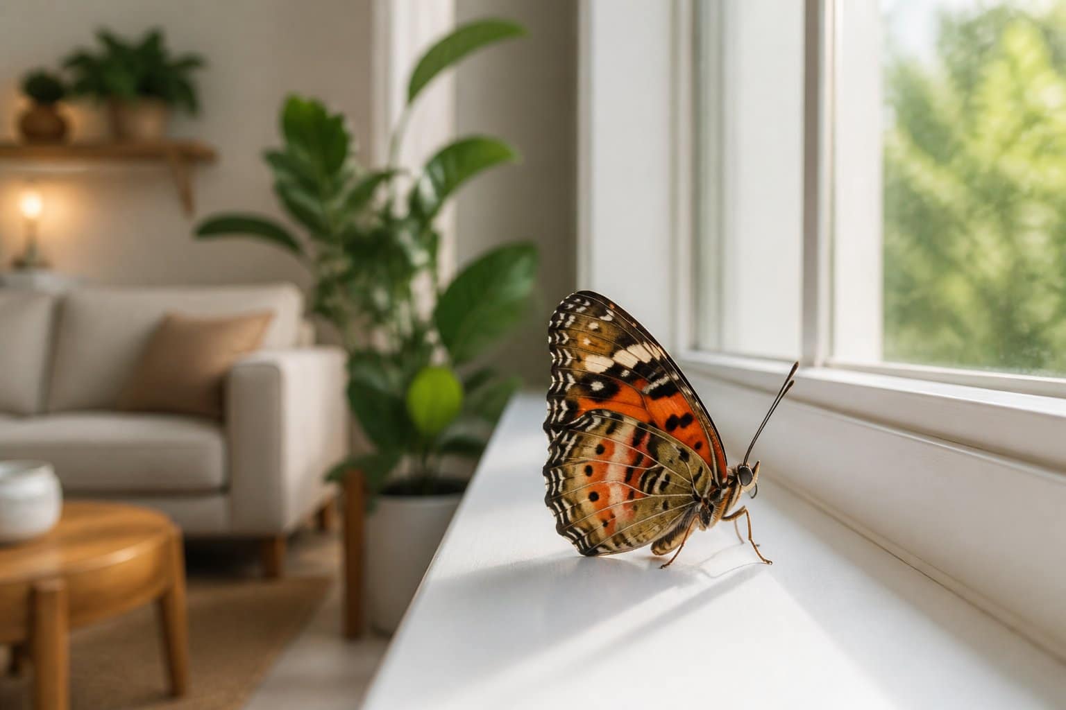 Uma borboleta pousada no parapeito de uma janela dentro de uma casa, com luz natural iluminando a cena.
