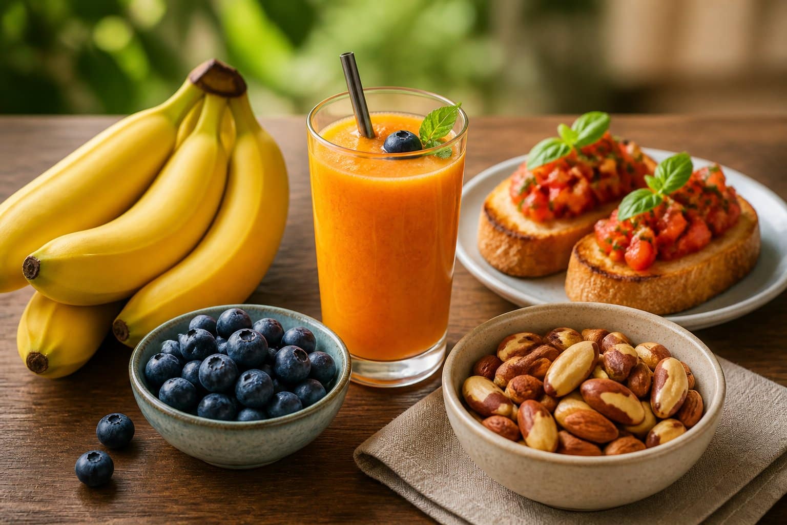 Mesa com frutas como banana e mirtilo, bebida laranja, bruschetta e castanhas variadas, tudo disposto de forma organizada.