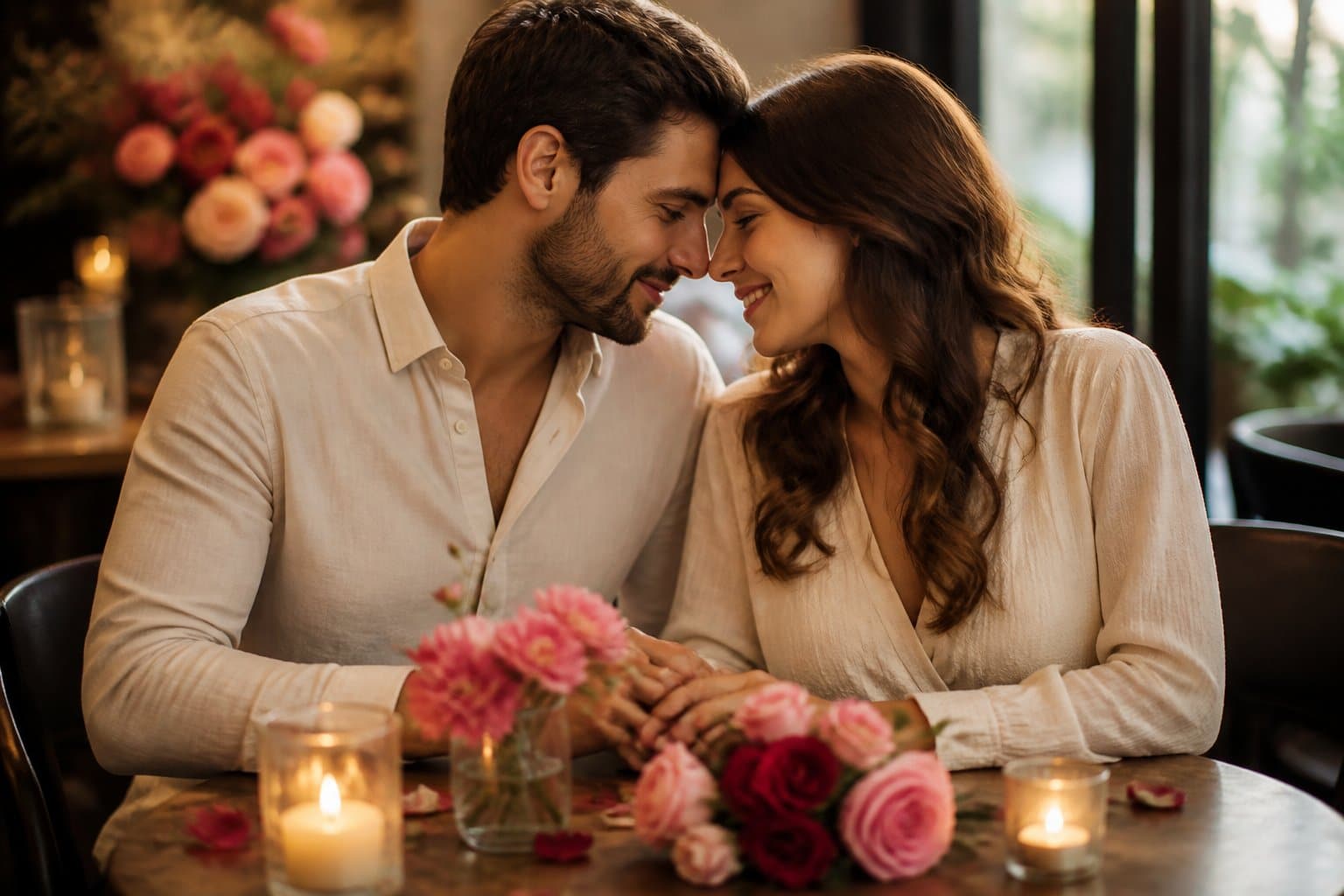 Um casal sentado junto em uma mesa pequena, sorrindo e compartilhando um momento de afeto em um ambiente iluminado e com elementos florais ao fundo.