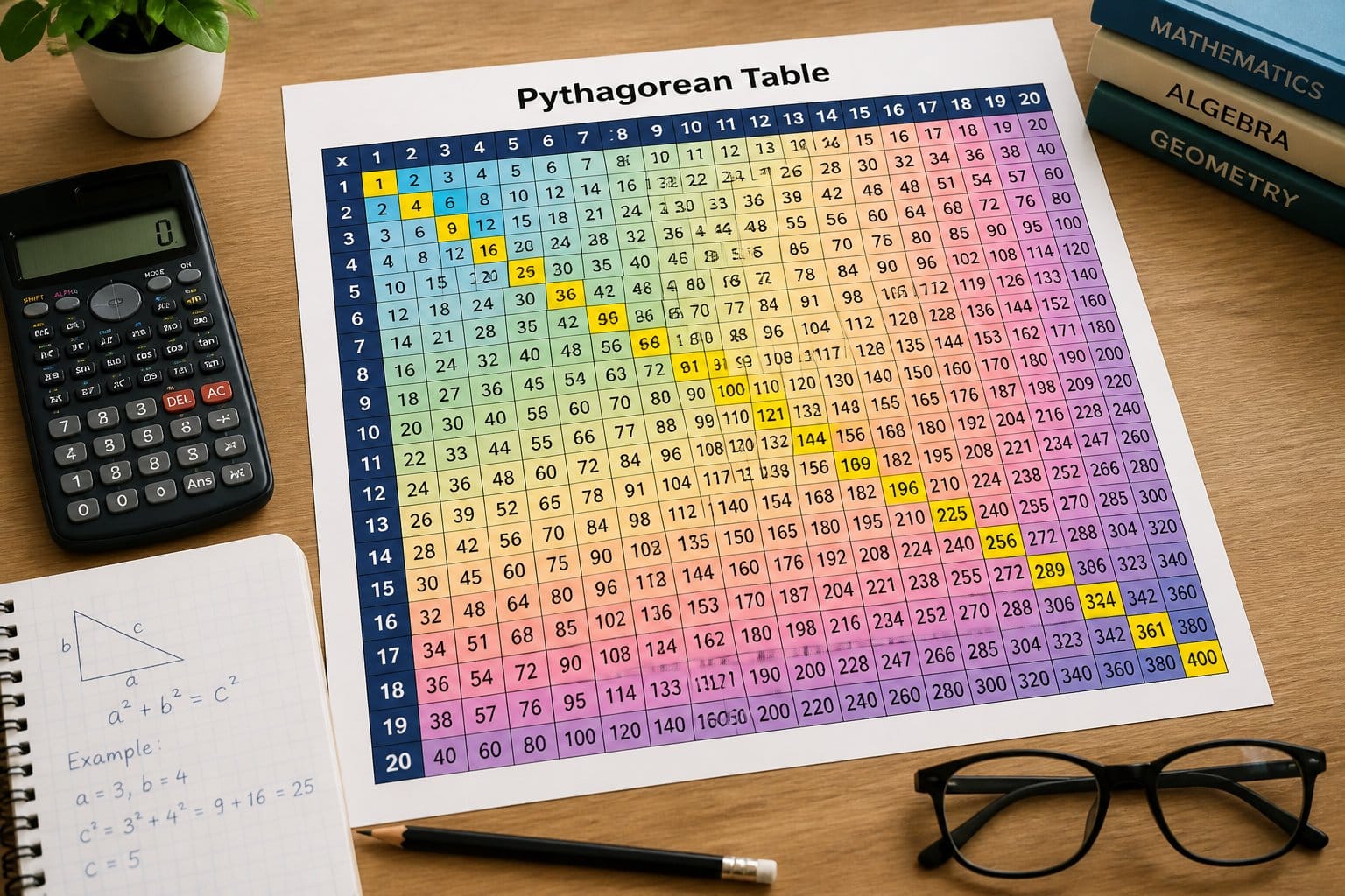 Mesa de trabalho com uma tabela pitagórica colorida, calculadora, caderno, lápis e óculos, iluminada por luz natural.