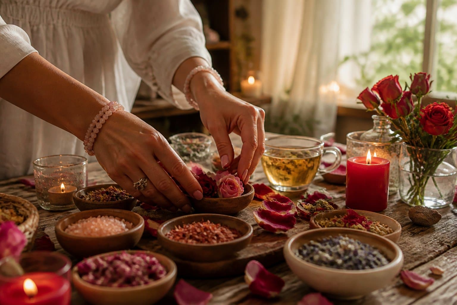 Mesa com elementos de ritual de adoçamento amoroso, incluindo velas acesas, pétalas de rosa, ervas e uma xícara de chá, em ambiente iluminado naturalmente.