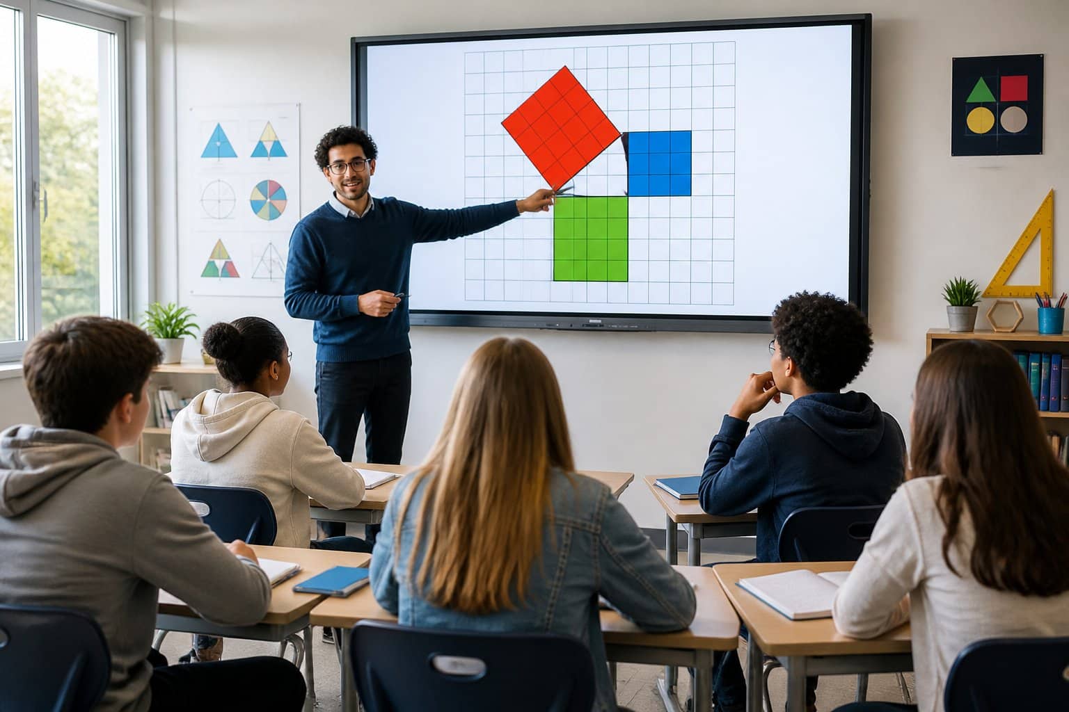 Sala de aula com estudantes atentos e professor explicando conceitos matemáticos usando formas geométricas coloridas em um quadro digital.