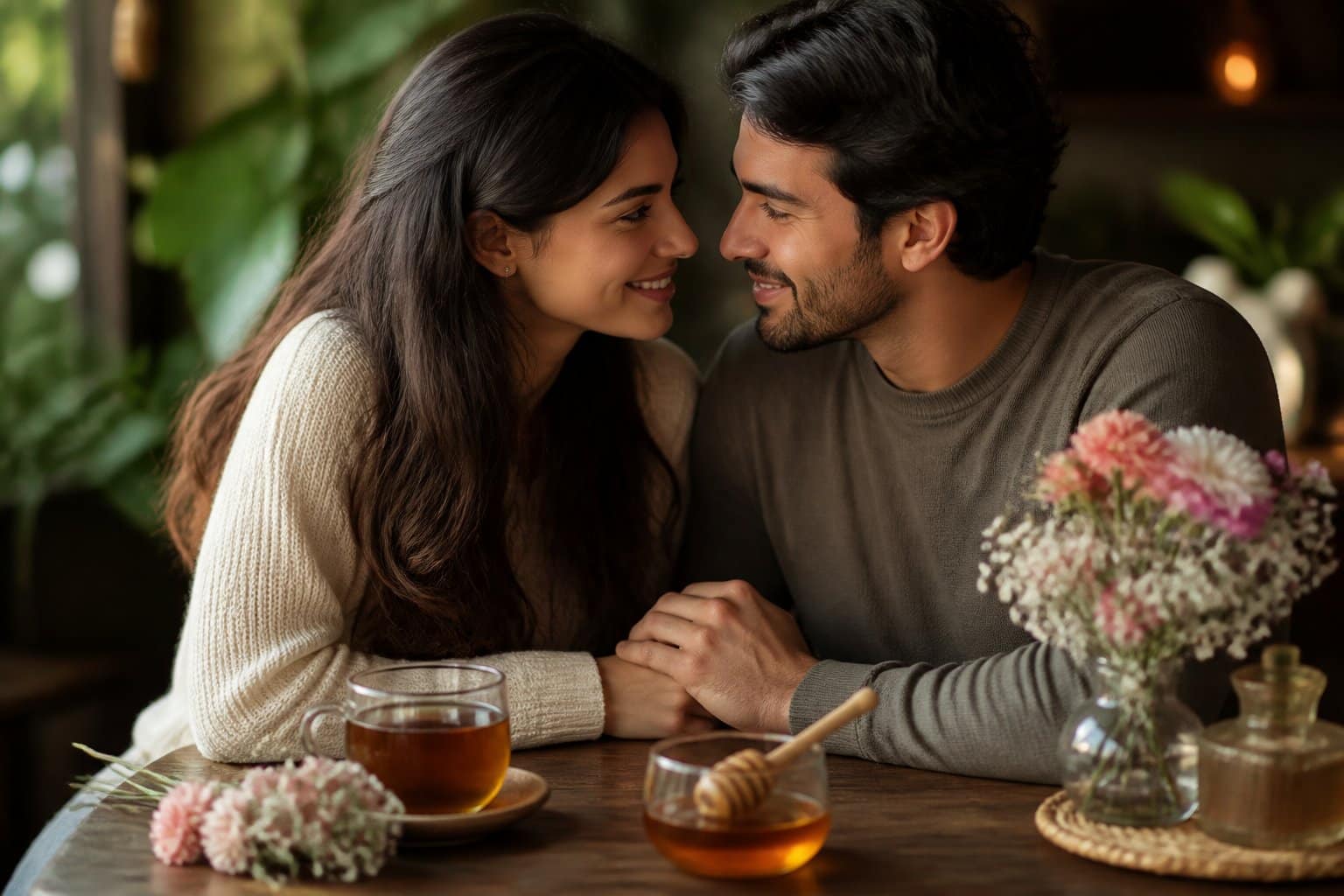 Um casal sentado próximo em uma mesa pequena, compartilhando um momento de afeto e conexão, com luz suave e elementos como mel e flores sobre a mesa.