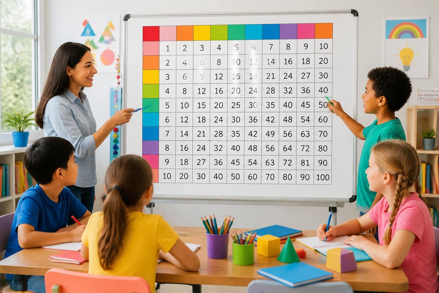 Sala de aula com crianças estudando uma tabela pitagórica colorida em um ambiente alegre e iluminado.