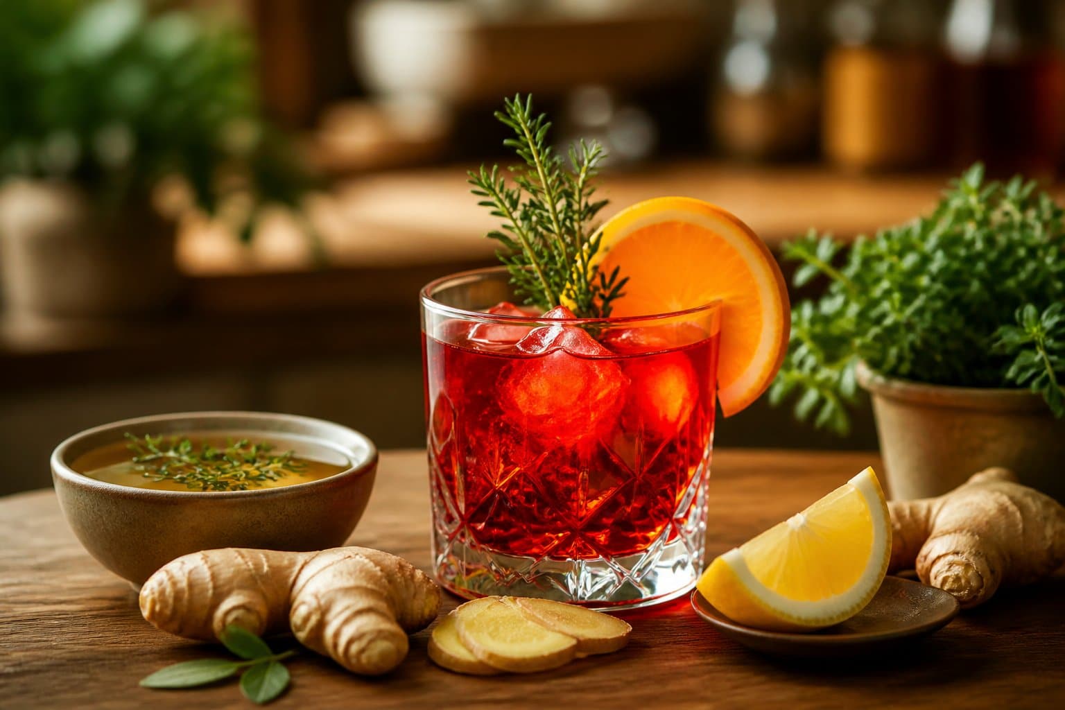 Copo de coquetel de Campari com fatia de laranja e ervas frescas sobre mesa de madeira, cercado por gengibre, limão e chá em um ambiente acolhedor.