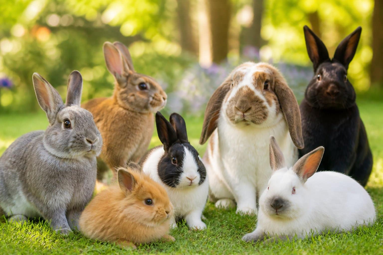 Vários coelhos machos de diferentes raças e cores em um ambiente natural com grama verde e luz suave, mostrando expressões fofas e elegantes.