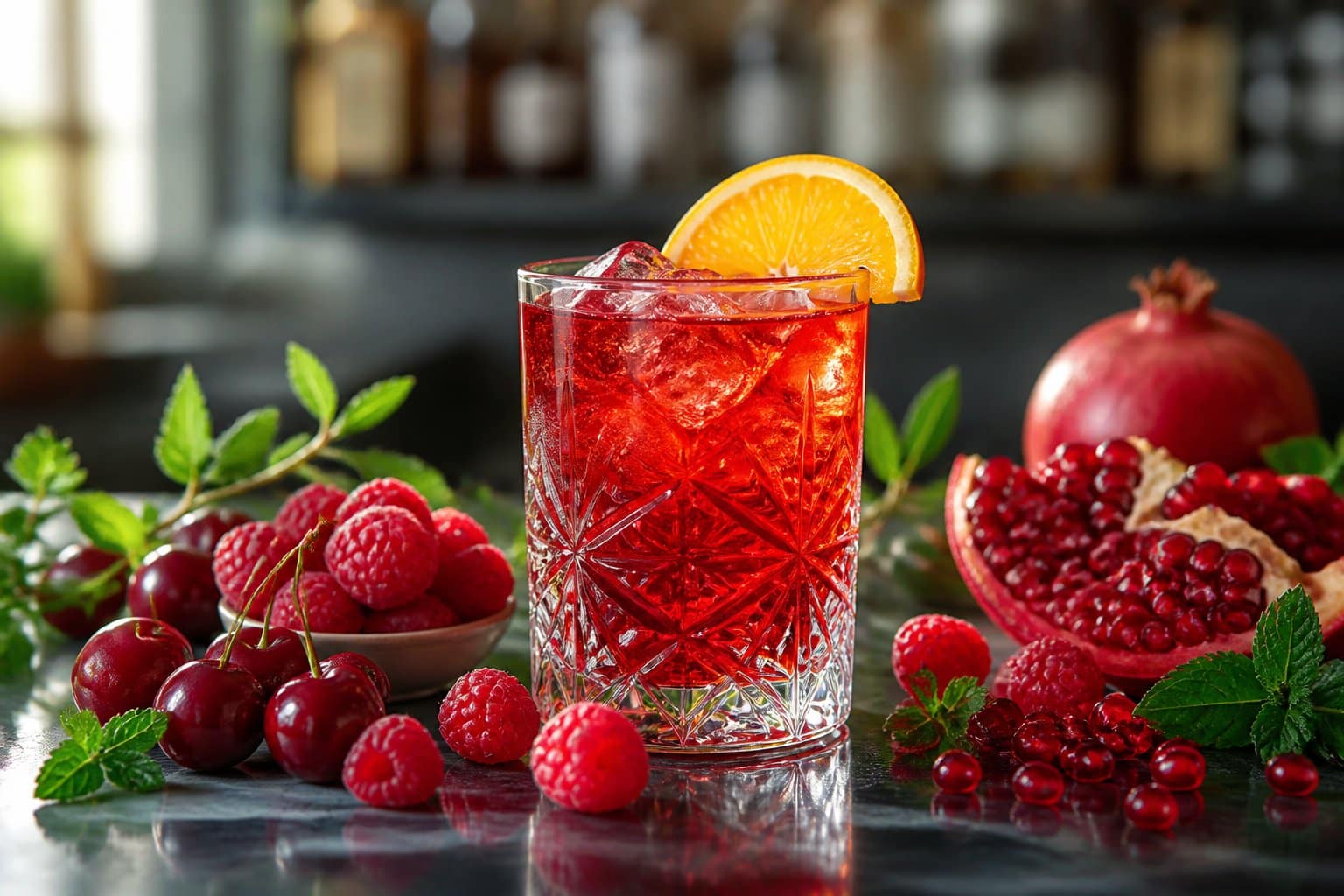 Copo de Campari com frutas vermelhas frescas e folhas verdes sobre balcão, em ambiente elegante e iluminado.