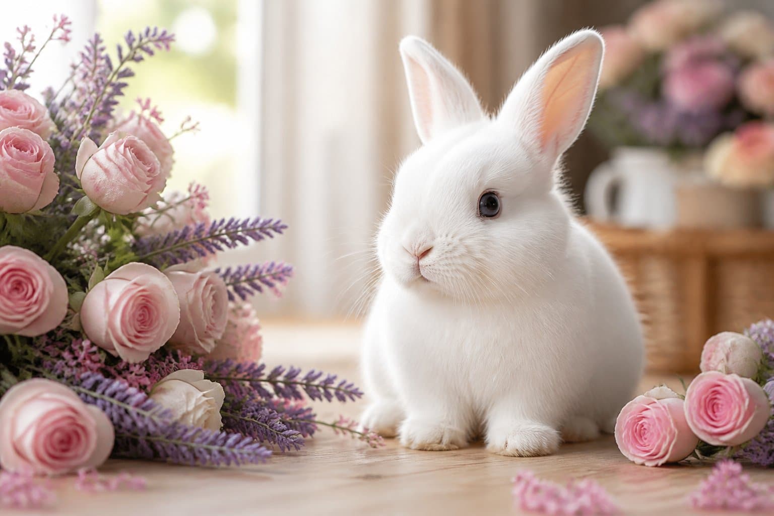 Um coelho branco fofo rodeado por flores em um ambiente iluminado e acolhedor.