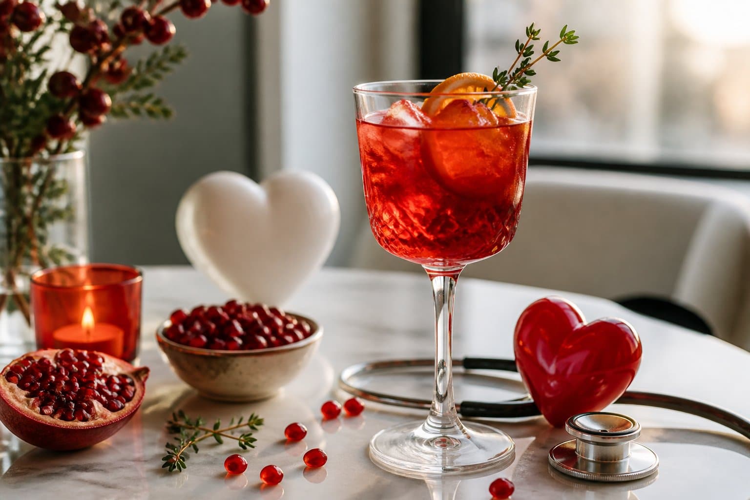 Mesa elegante com um copo de coquetel Campari decorado, ao lado de elementos que simbolizam saúde do coração, como um estetoscópio e frutas vermelhas.