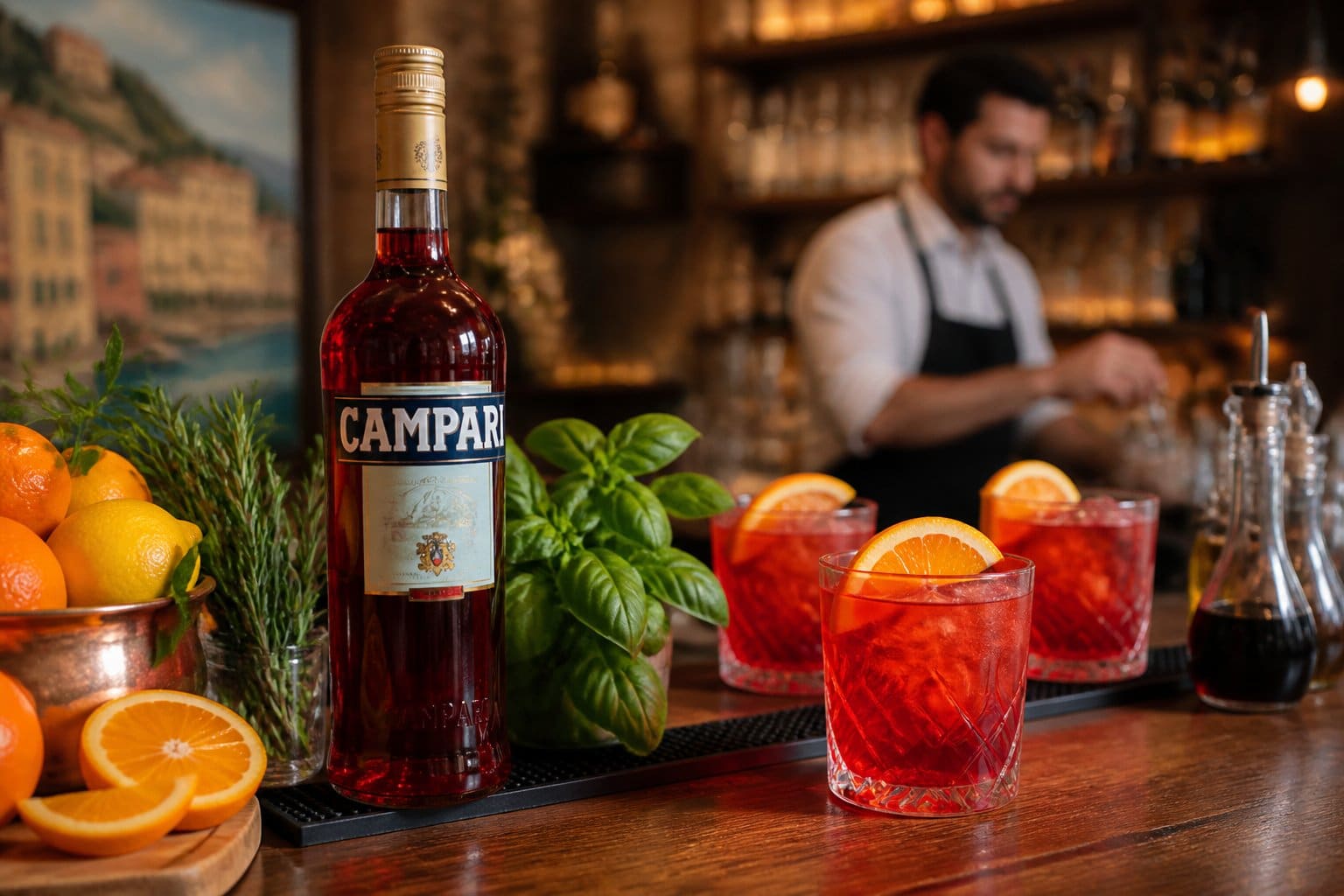 Balcão de bar italiano com uma garrafa de Campari, frutas cítricas frescas, ervas aromáticas e copos com coquetéis vermelhos decorados com fatias de laranja.