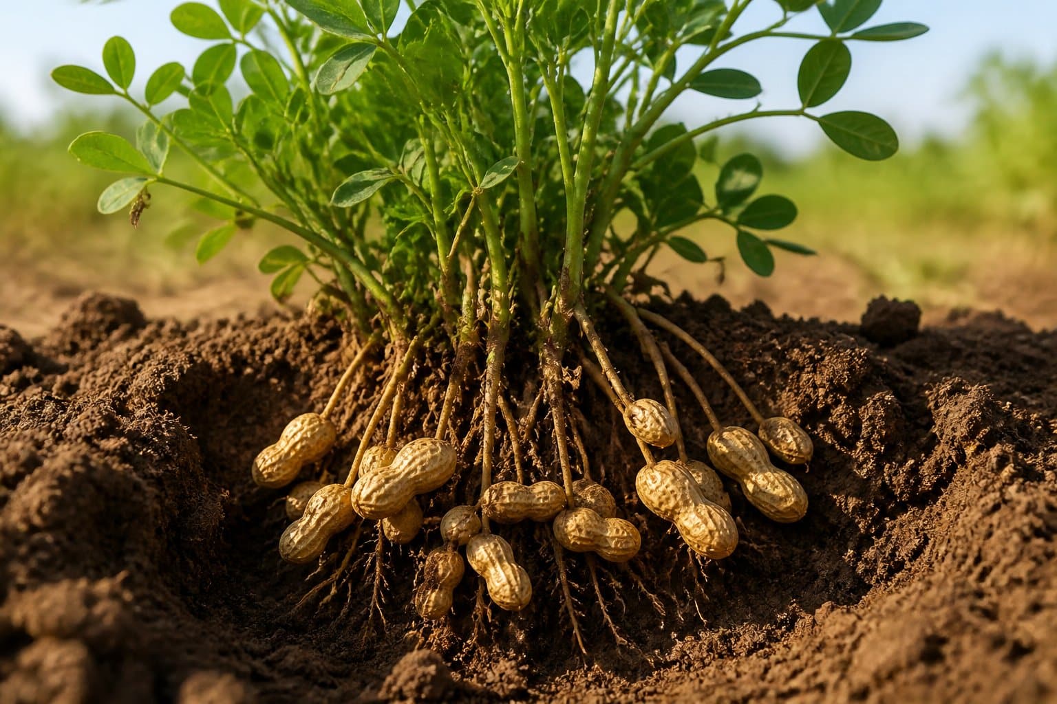 Planta de amendoim com folhas verdes e os amendoins se formando abaixo da terra, mostrando o crescimento subterrâneo.