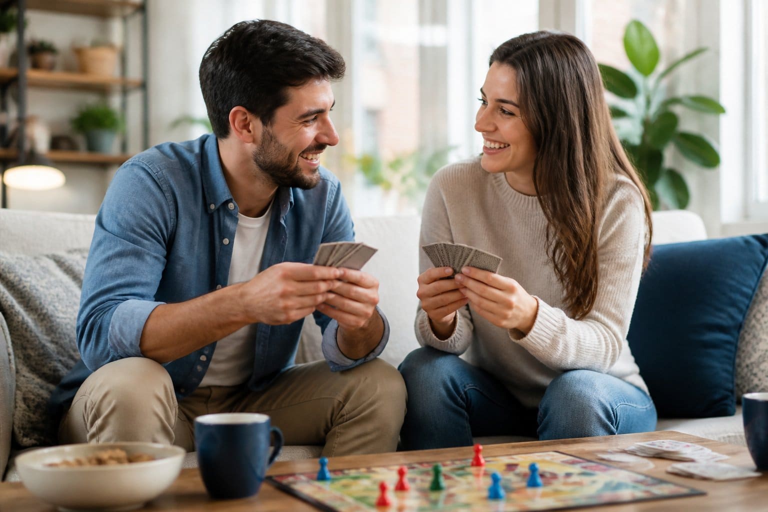 Um casal jovem sorrindo e brincando junto em uma sala de estar aconchegante.