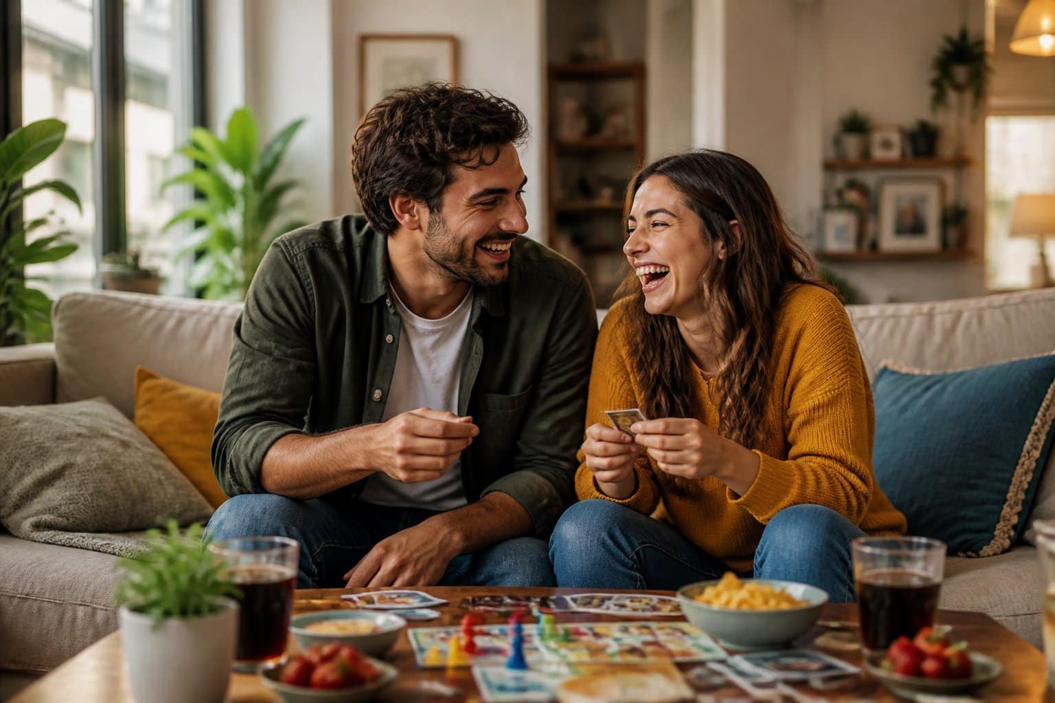 Casal jovem sorrindo e brincando juntos em uma sala de estar aconchegante, rodeados por jogos e acessórios de diversão.