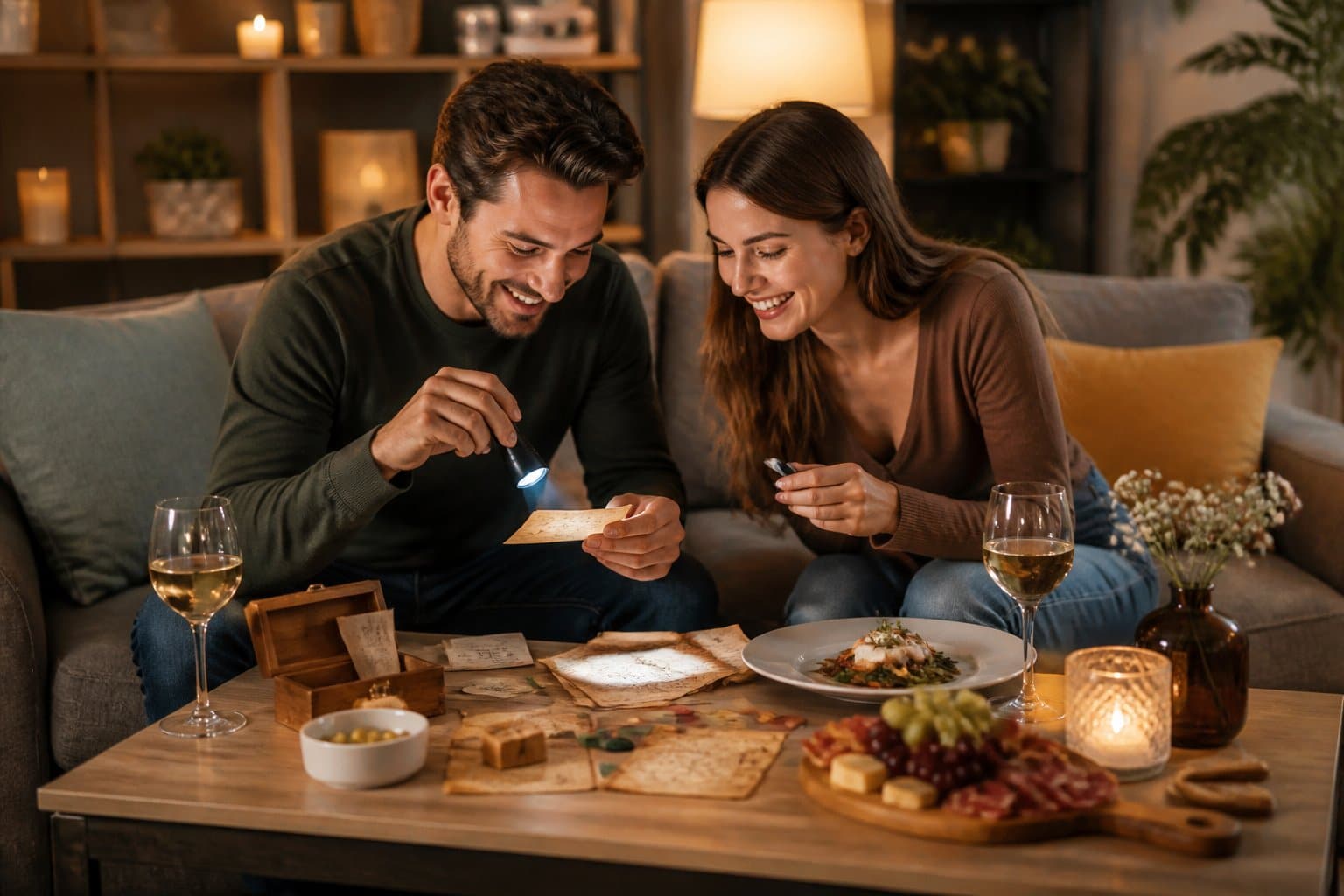 Casal sorrindo e brincando junto em uma sala aconchegante com jogos temáticos e uma mesa com petiscos.