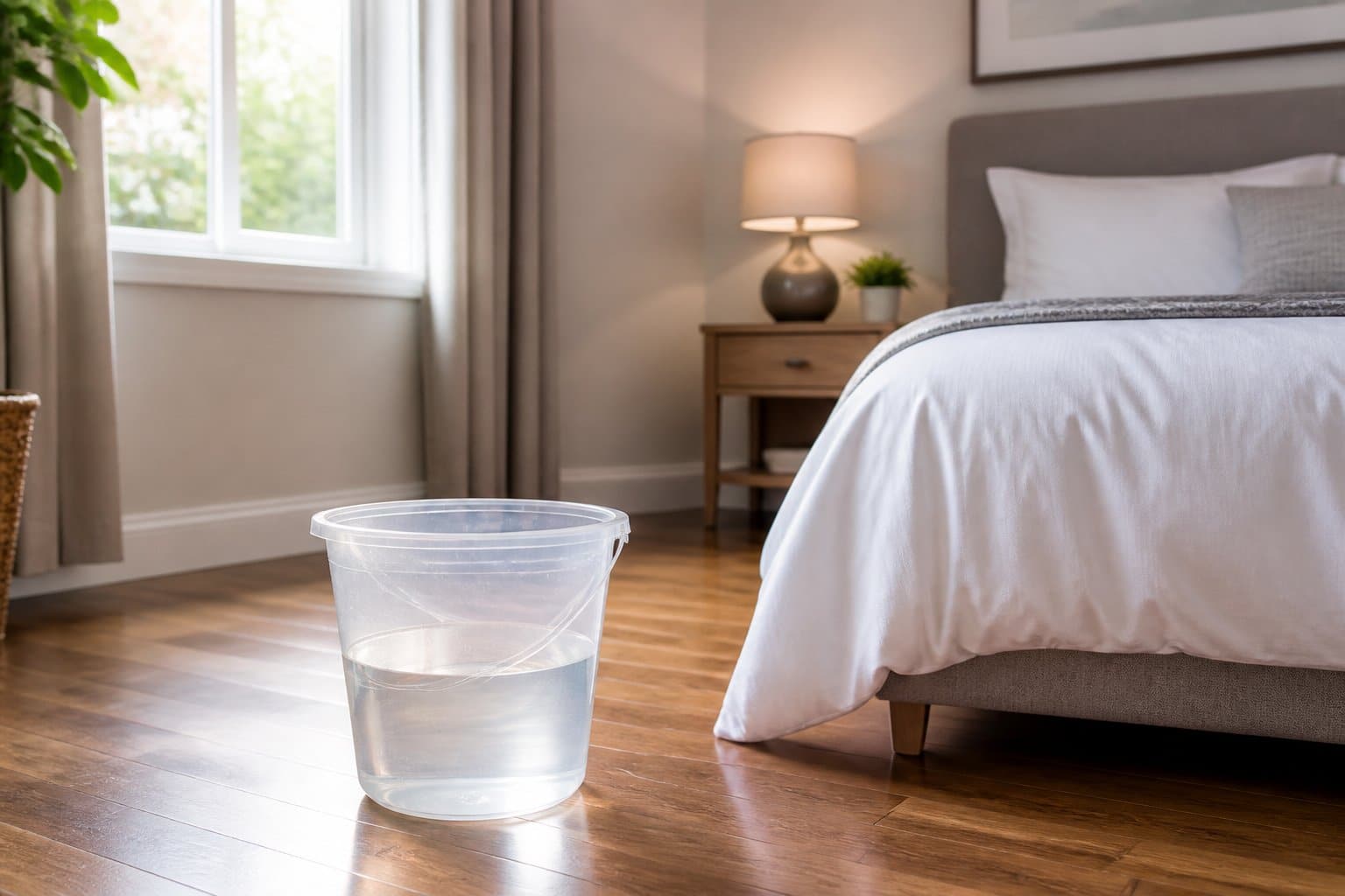 Quarto limpo e moderno com um balde transparente cheio de água no chão ao lado da cama.