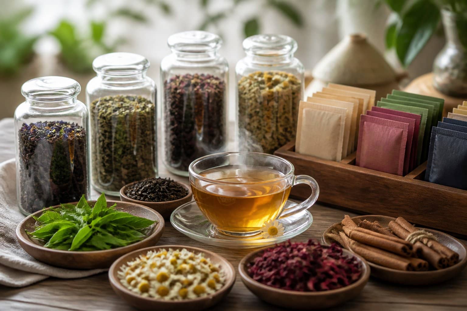 Mesa com diferentes ingredientes naturais para chá, potes de chá a granel, sachês de chá organizados e uma xícara de chá fumegante.