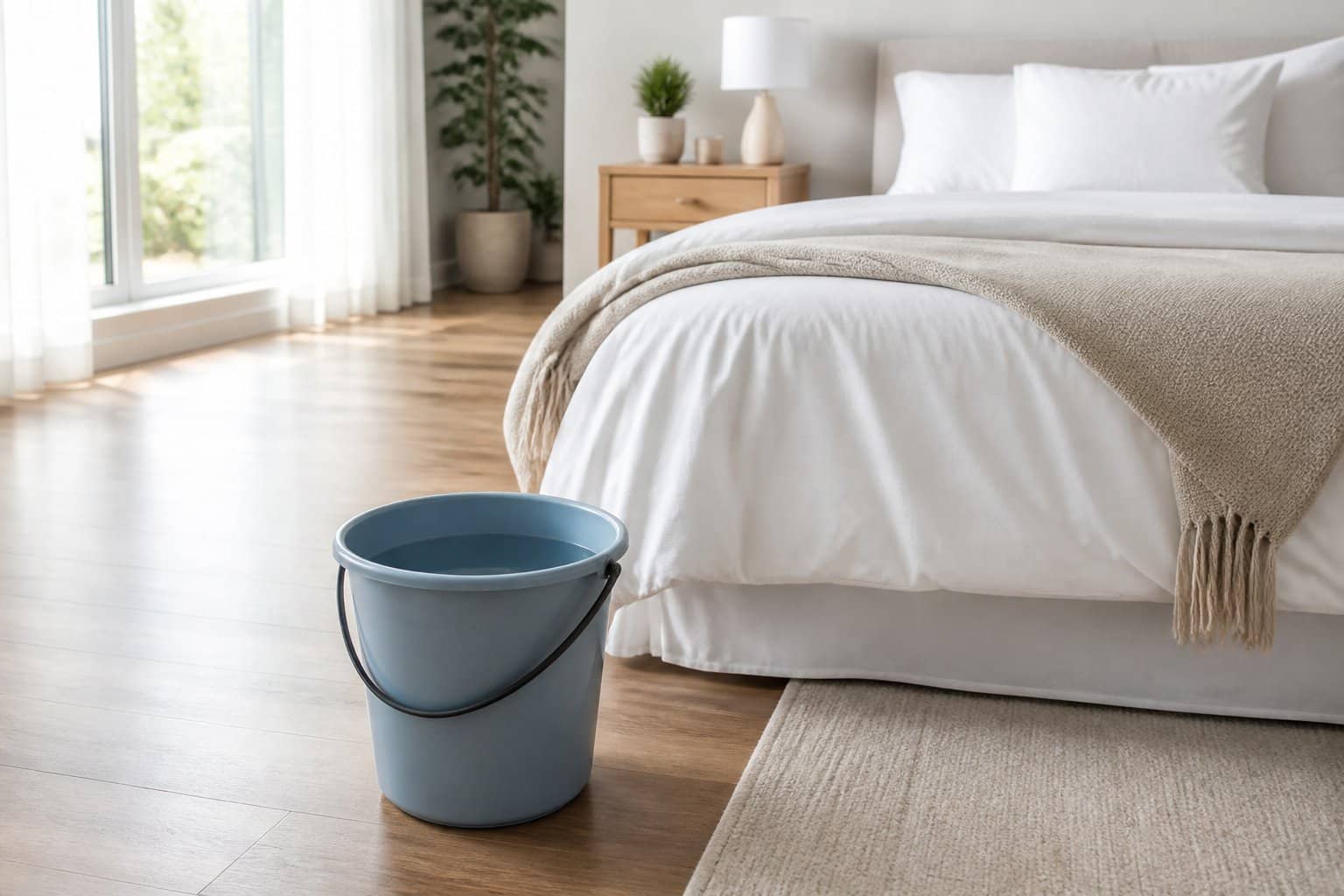 Quarto moderno com um balde cheio de água no chão próximo à cama, iluminado pela luz natural da janela.