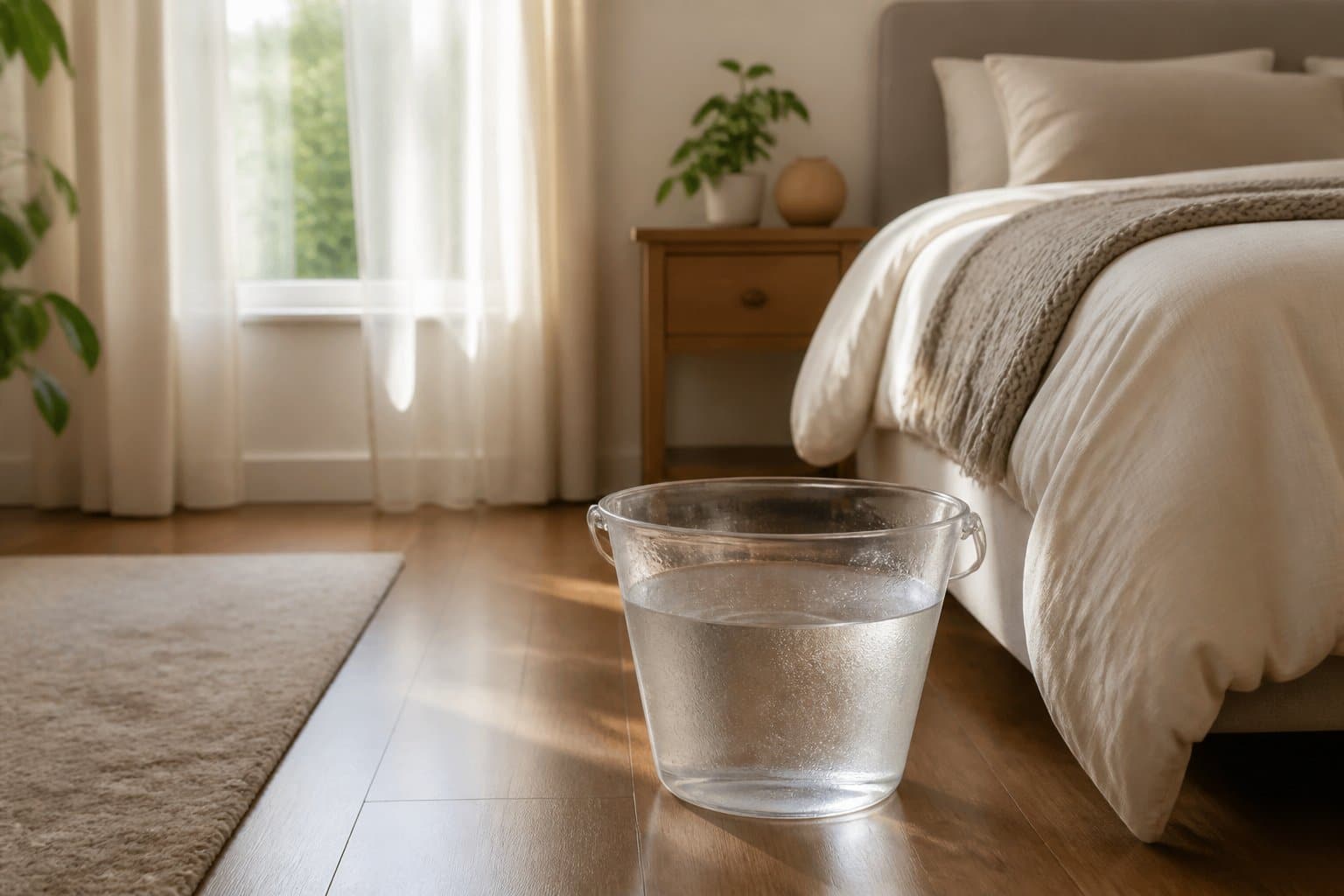Quarto com um balde transparente cheio de água no chão próximo à cama, iluminado por luz natural suave.