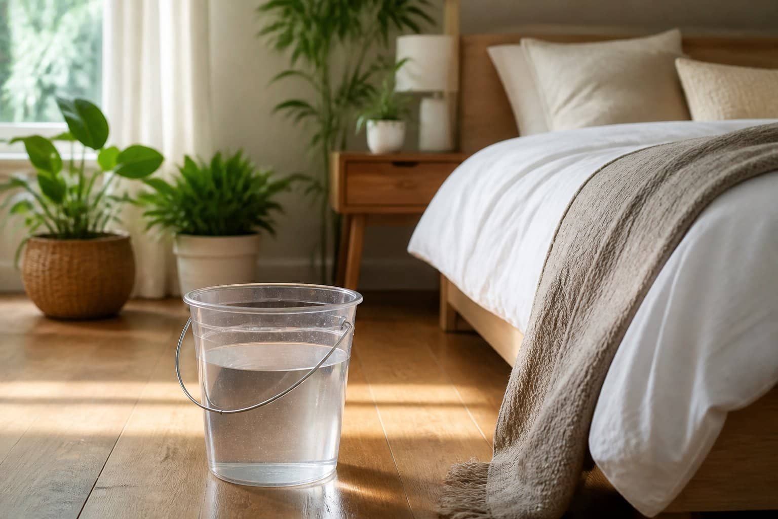 Quarto aconchegante com um balde cheio de água no chão próximo à cama e plantas ao redor.
