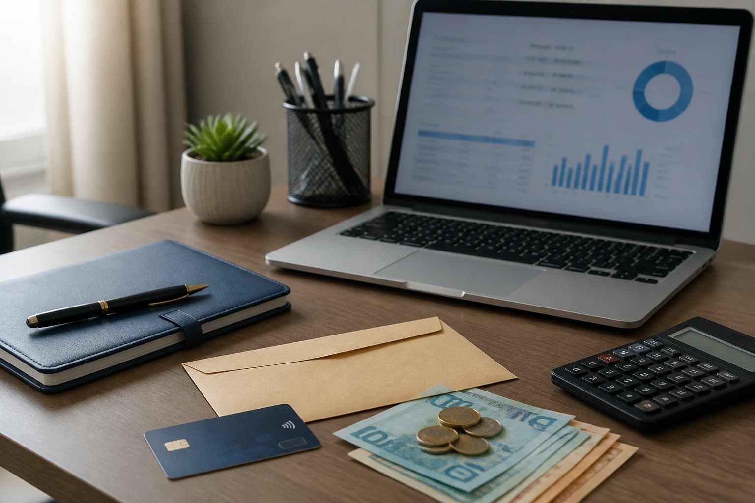 Mesa de trabalho com dinheiro, calculadora, cartão bancário e notebook em um escritório.