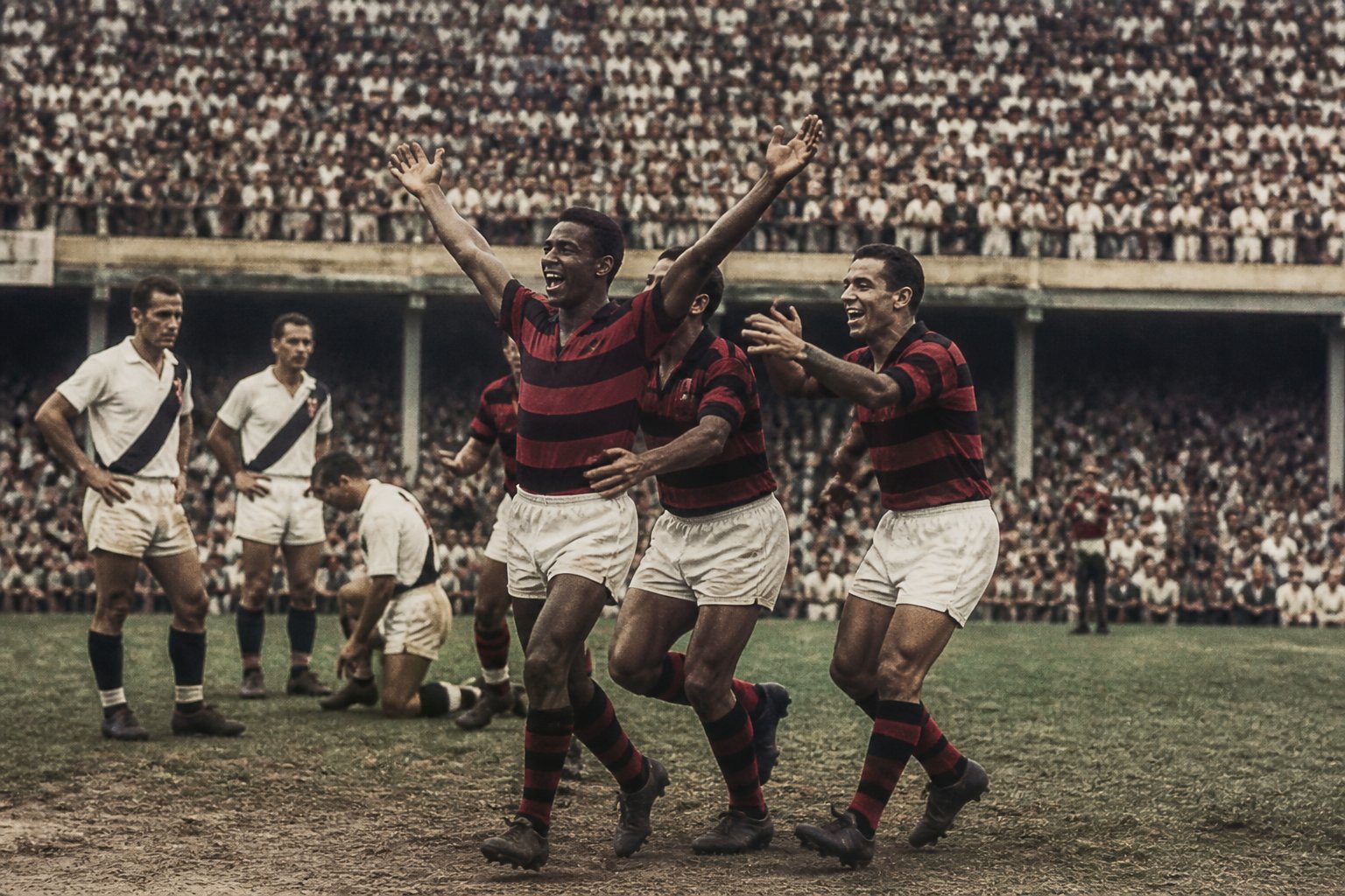 Jogadores de Flamengo e Vasco comemoram uma partida histórica em um estádio brasileiro lotado nos anos 1950.
