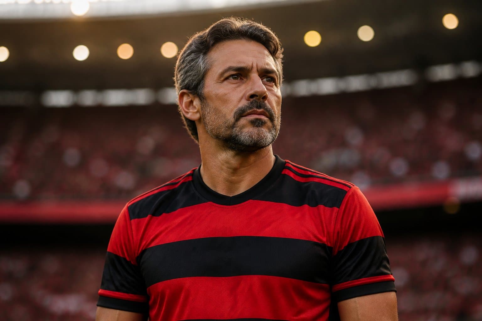 Jogador de futebol veterano usando uniforme rubro-negro em um estádio.