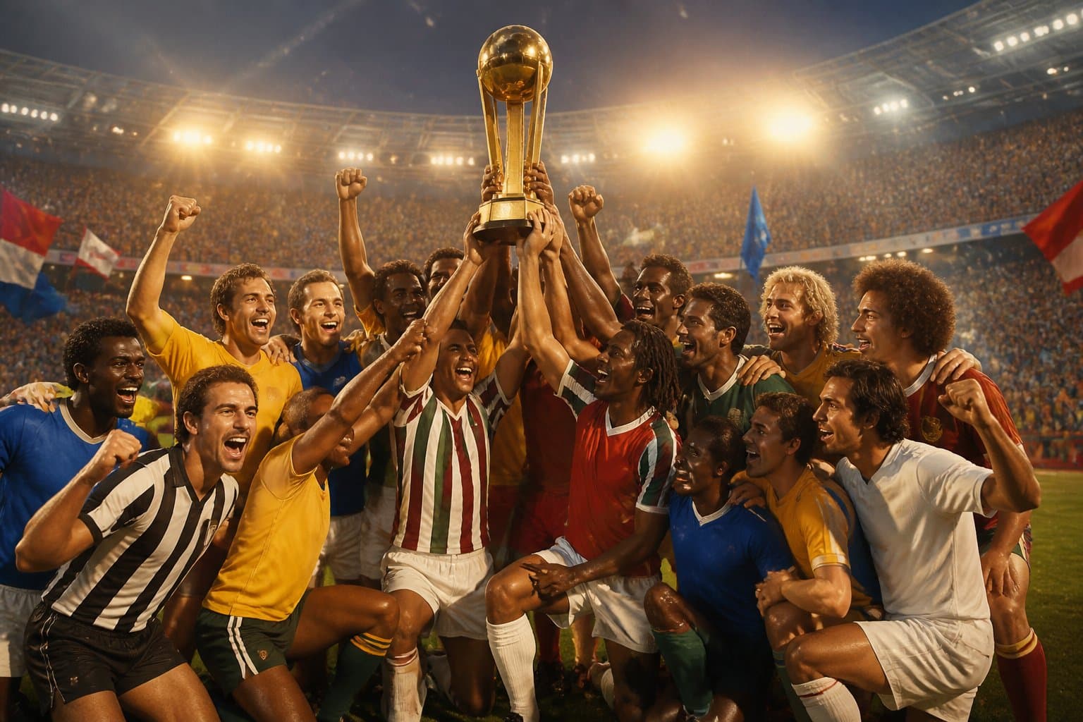 Jogadores de diferentes gerações celebram a conquista de um troféu em um estádio lotado.