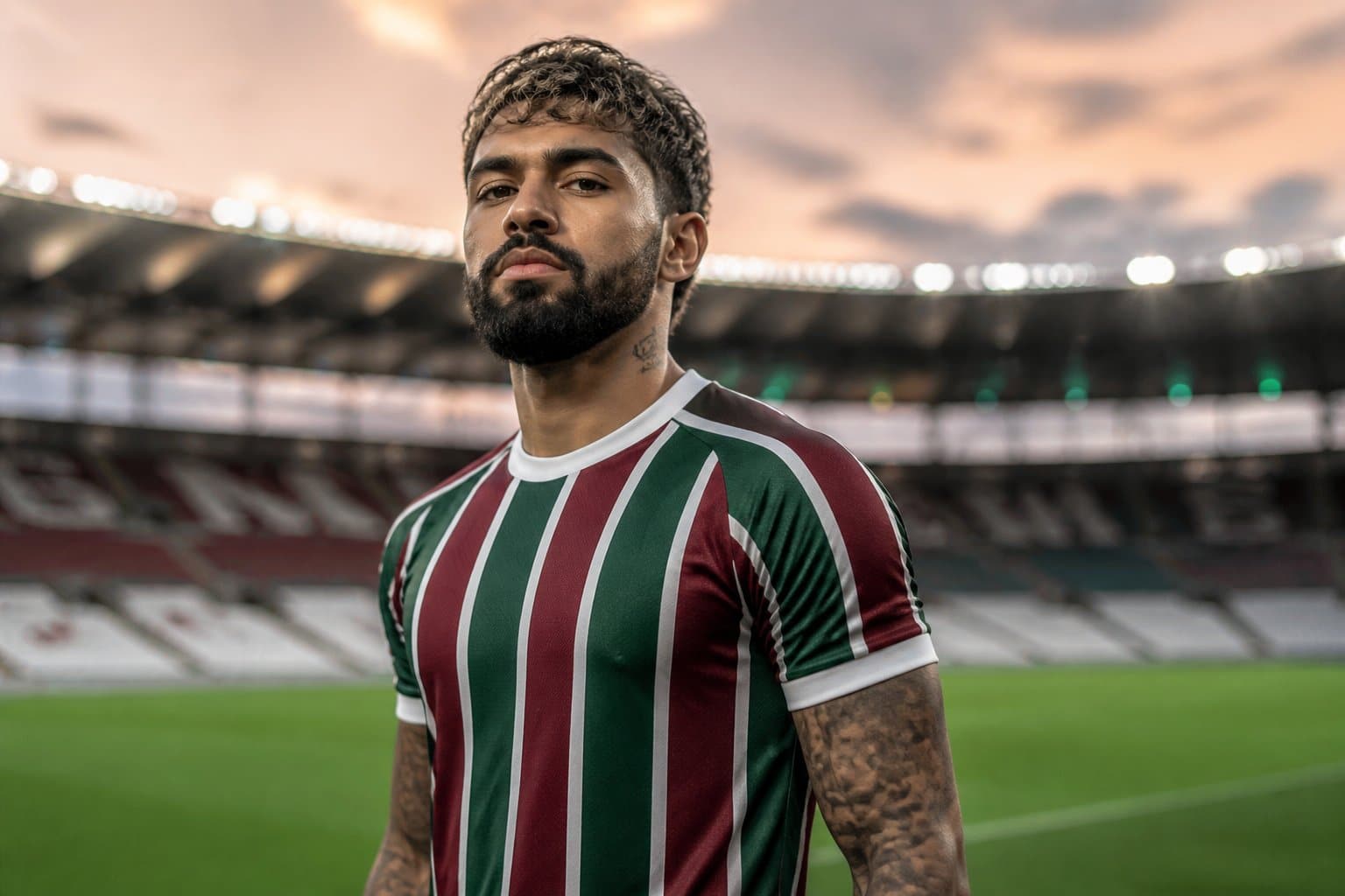 Gabigol usando uma camisa do Fluminense em um estádio de futebol.