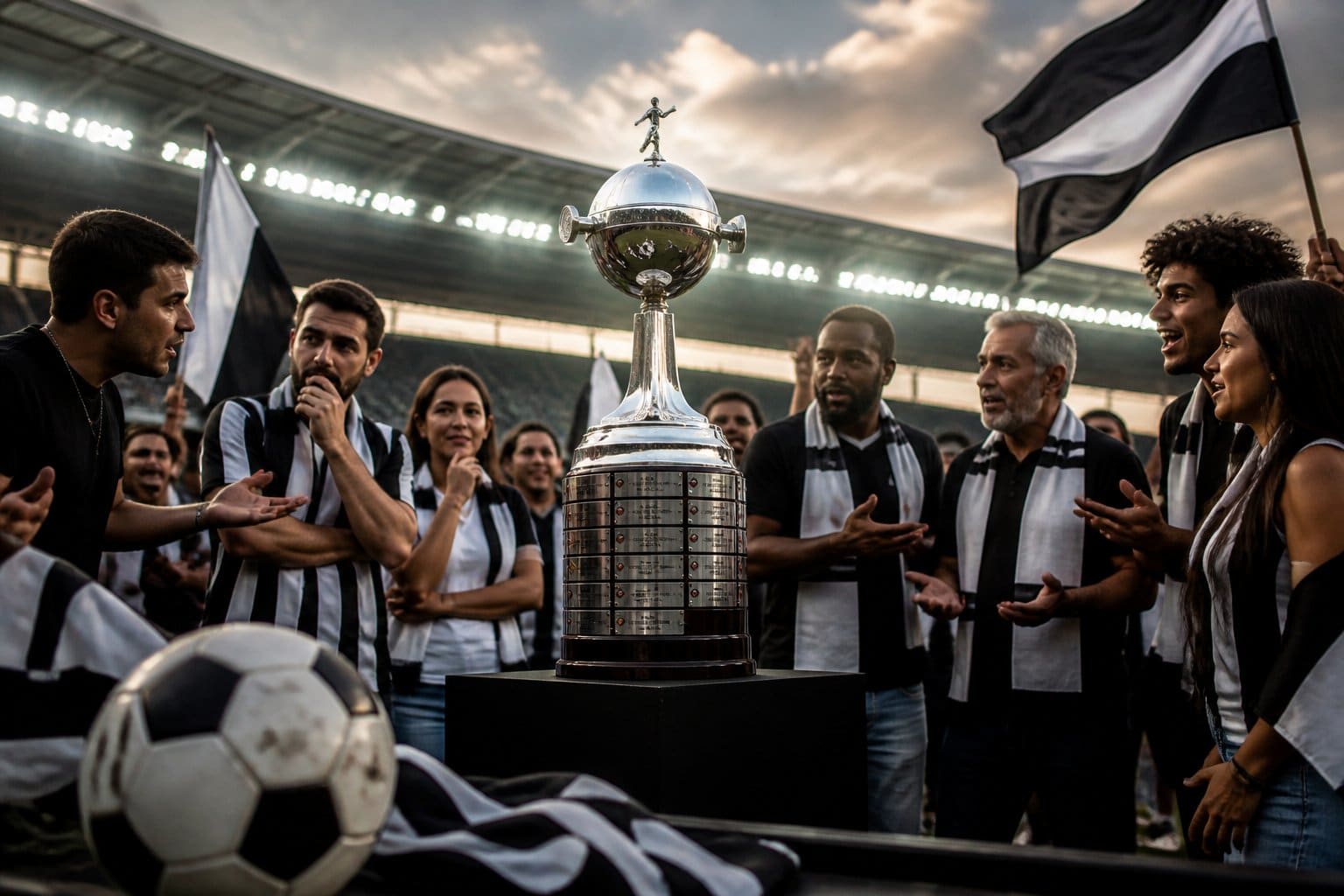 Torcedores em um estádio cercam uma bola de futebol e um troféu internacional.