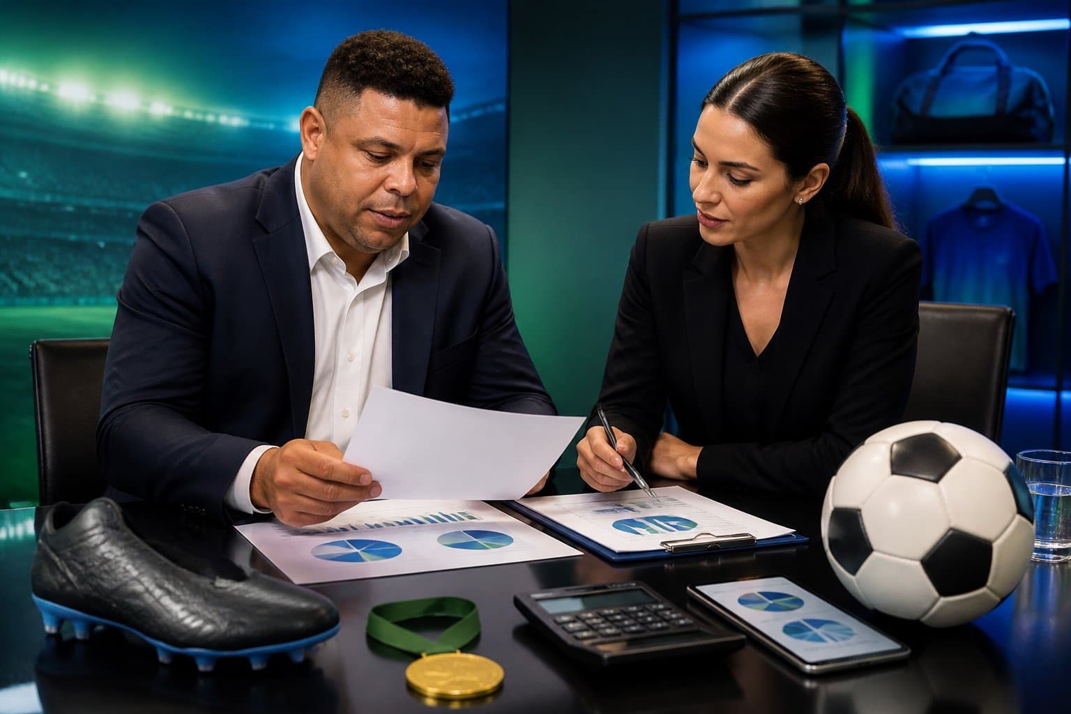 Ronaldo Fenômeno analisa um contrato de patrocínio esportivo em uma sala de reunião com uma executiva.