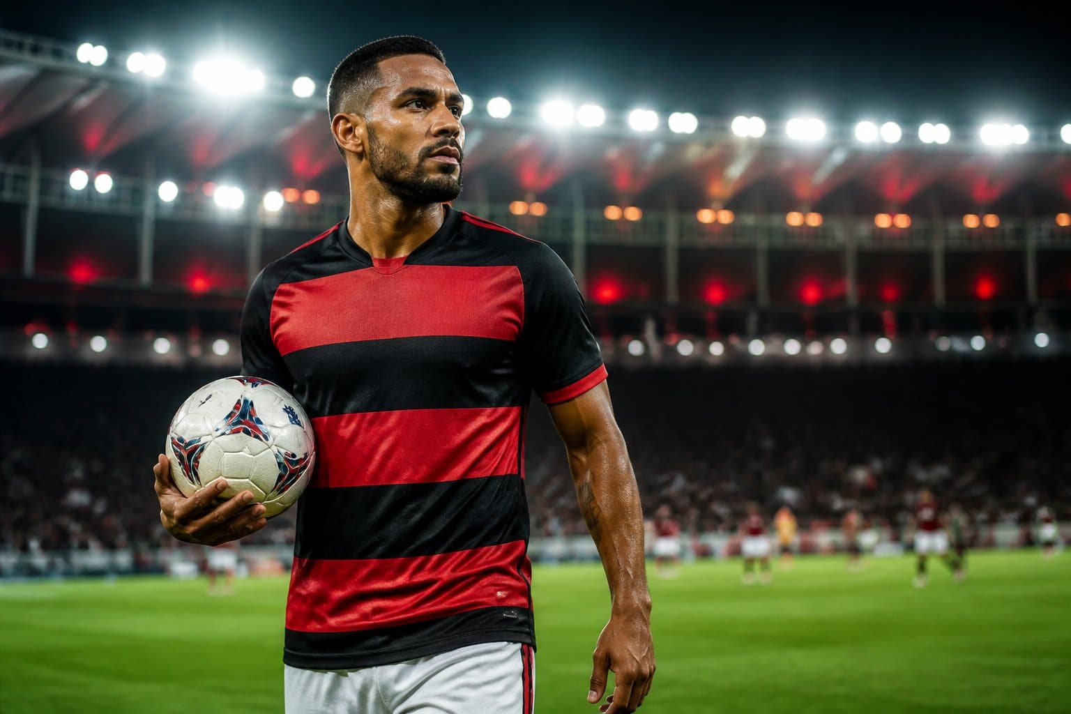 Jogador de futebol com uniforme vermelho e preto segura uma bola em um estádio iluminado.