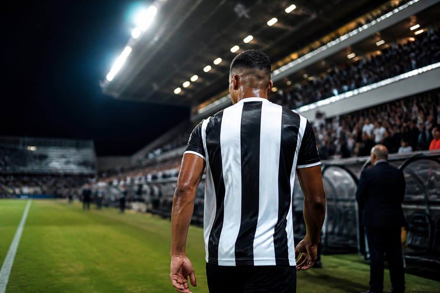 Jogador de futebol caminhando em um estádio iluminado durante uma partida.