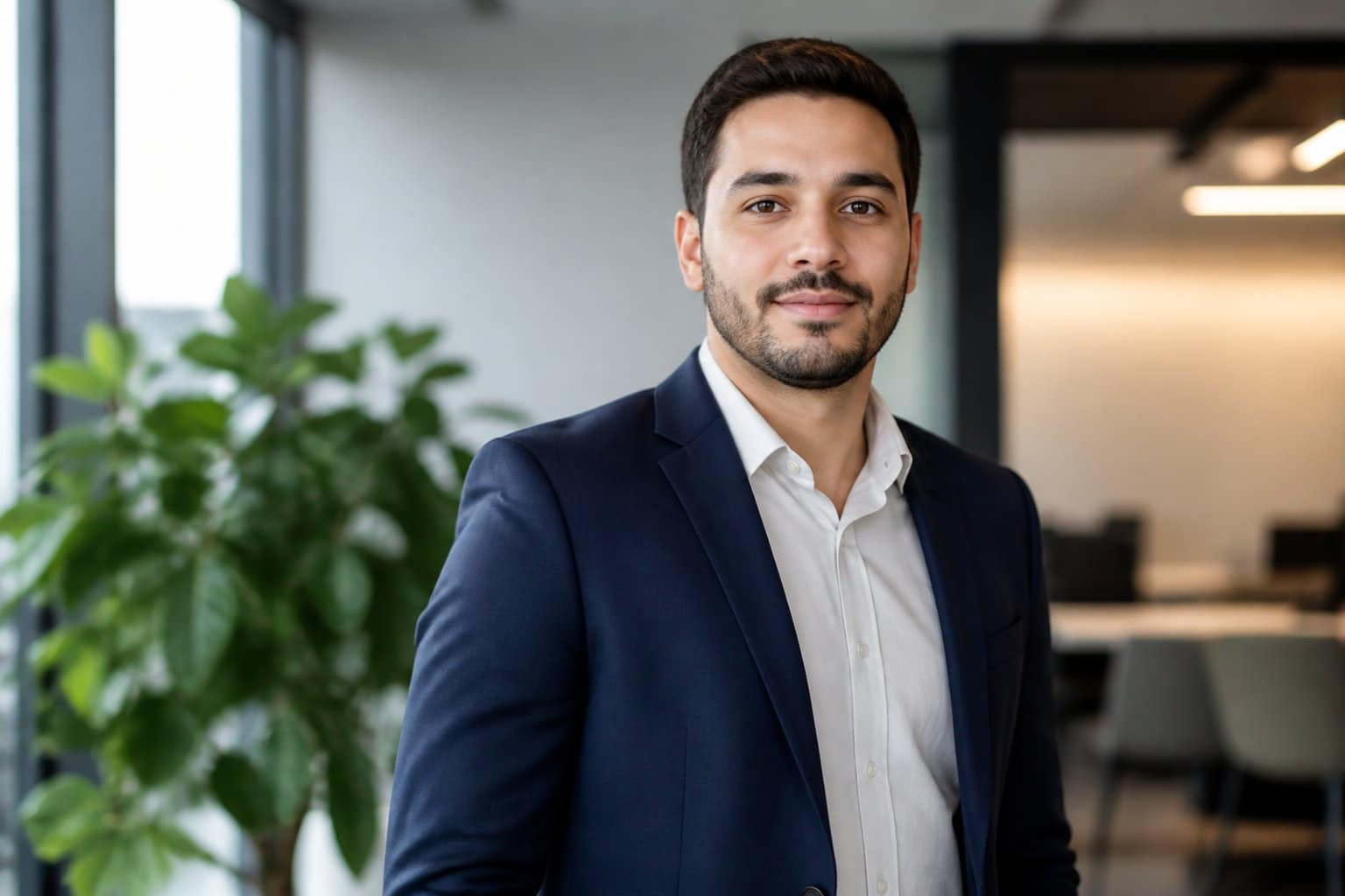 Homem adulto sorrindo, usando blazer azul-marinho, em um escritório moderno e iluminado.