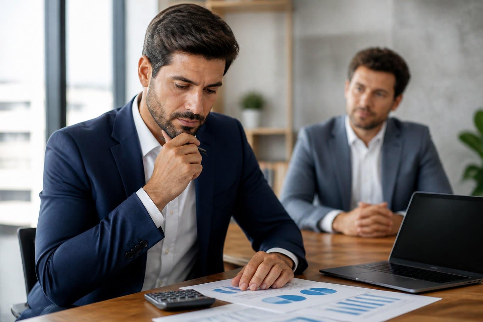 Profissional analisa materiais financeiros em um escritório enquanto outra pessoa o observa.
