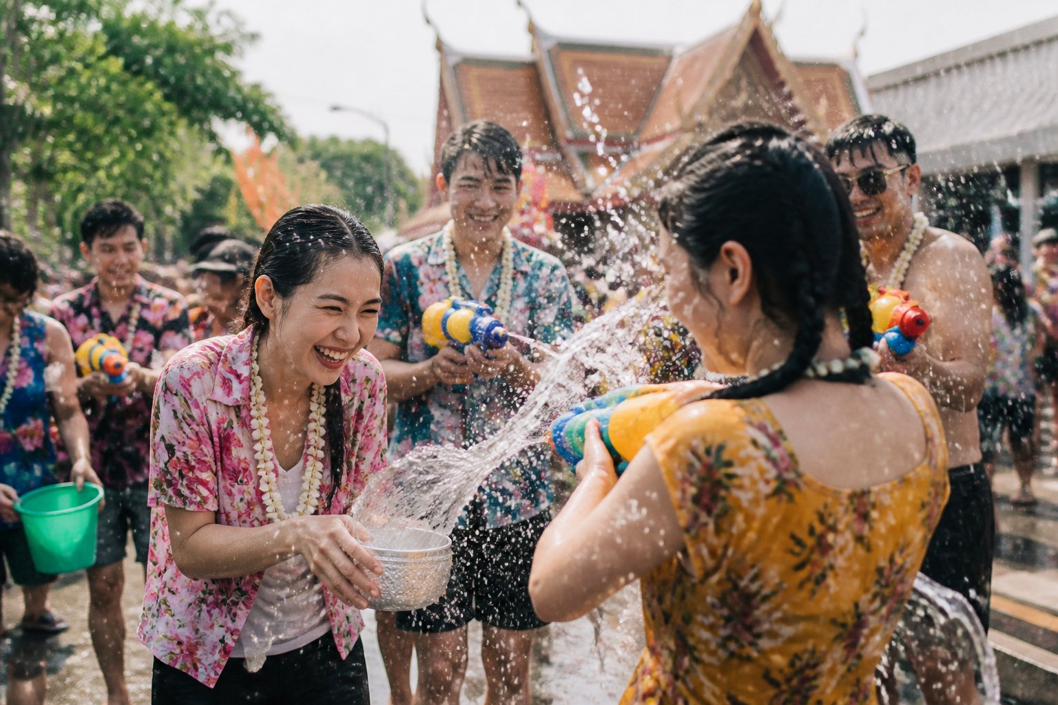 Pessoas celebram o Songkran em uma rua, brincando e jogando água umas nas outras.