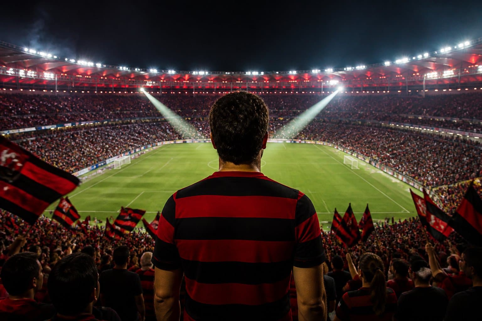 Torcedor com camisa rubro-negra observa um estádio lotado e iluminado antes de uma partida de futebol.