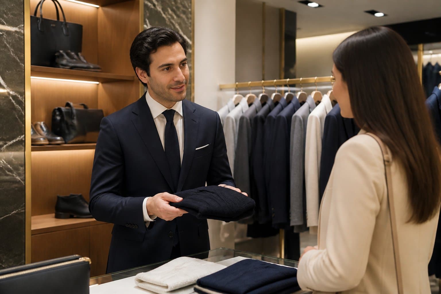 Vendedor atende uma cliente em uma elegante loja de roupas e acessórios de luxo.