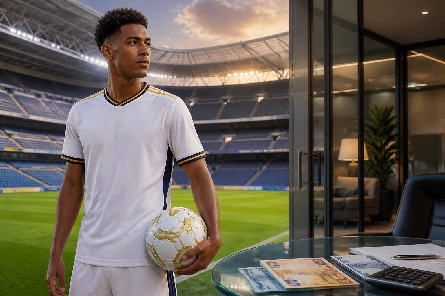 Jogador de futebol em um estádio profissional, com elementos financeiros discretos ao fundo.