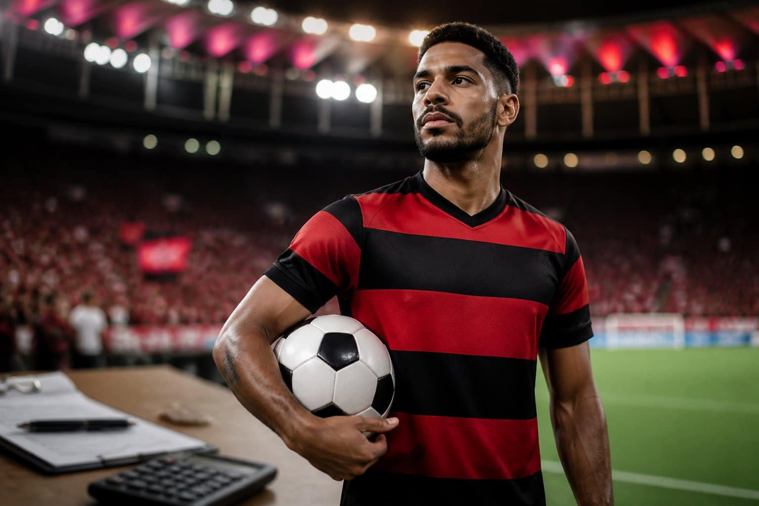 Zagueiro vestindo uniforme rubro-negro segura uma bola em um estádio de futebol.